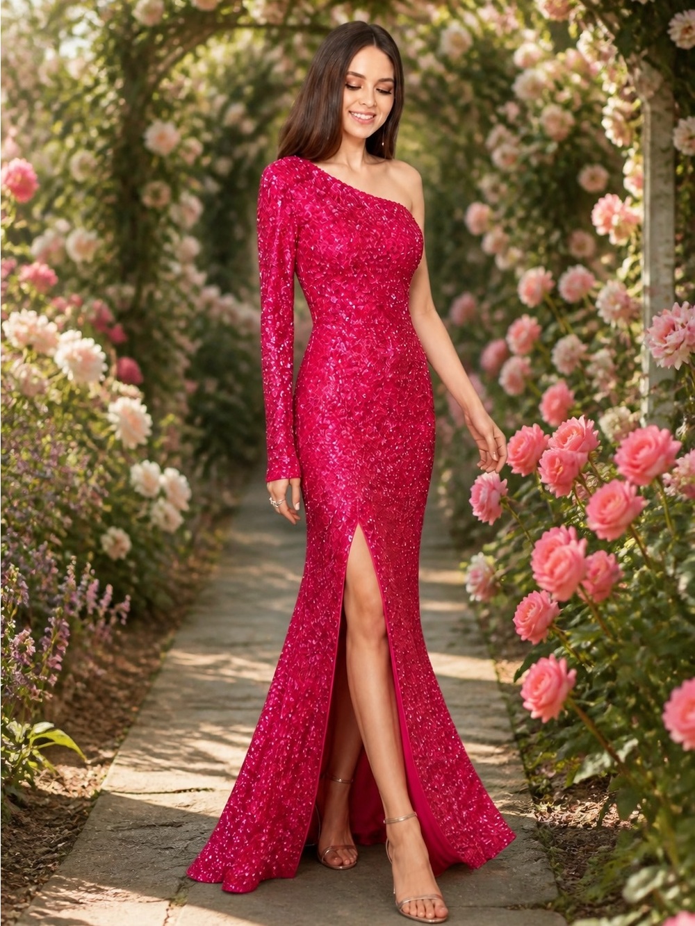 Aleta One-Shoulder Hot Pink Sequin Evening Dress Sz 4